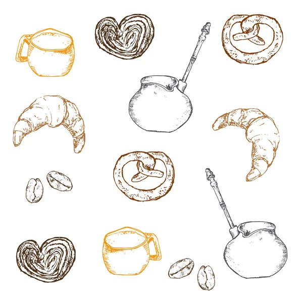 Caffè, fagioli e forno vettore penna inchiostro disegnato a mano. Illustrazione schizzo di caffettiera, tazza, chicchi di caffè e croissant con panini . — Vettoriale Stock