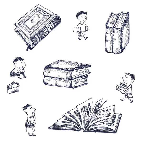 Kleine Leute Kinder lesen Buch, Bibliothek, Kinder Bildung Skizze Vektor Illustration. handgezeichnete Jungen stehen neben riesigen Buch und bringt Stiel von Büchern, sitzend. — Stockvektor