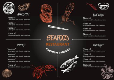 Karatahta vektör illüstrasyonunda deniz ürünleri Asya mutfağı menüsü. Balık ve deniz ürünleri menü menüsü restoranı ya da kafe. Deniz ürünleri taslak menüsü.