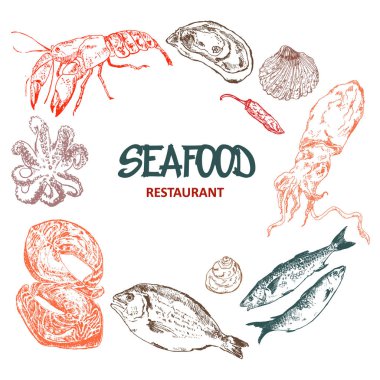 Beyaz vektör çizimine izole edilmiş deniz ürünleri Asya mutfağı menüsü taslağı. Balık ve deniz ürünleri menü menüsü restoranı ya da kafe. Deniz ürünleri taslak menüsü.