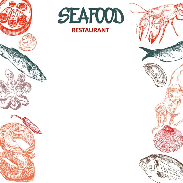 Meeresfrüchte asiatische Küche Speisekarte Skizze isoliert auf weißem Vektor Illustration. Fisch- und Meeresfrüchte-Küche umrahmen das Menü im Restaurant oder Café. Speisekarte mit Meeresfrüchten. — Stockvektor