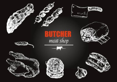 Et dükkanı el çizimi vektör vintage illüstrasyon. Sığır eti, jambon, kümes hayvanı, fileto kebap ve burgerli mukavva et dükkânı poster tasarımı.