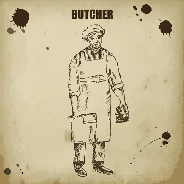 Macellaio con coltello e carne disegnato a mano schizzo vettore illustrazione vintage. Vecchio disegno di poster uomo macellaio di carta con bistecca di manzo . — Vettoriale Stock