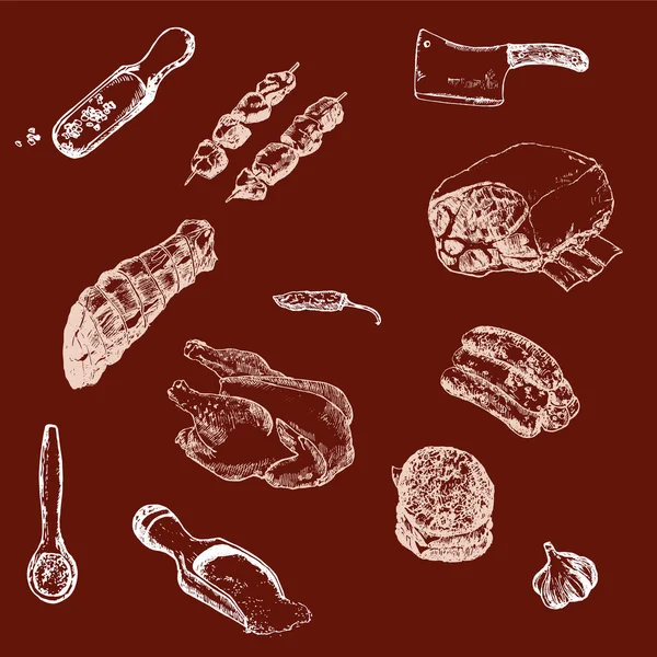 Macelleria di carne disegnato a mano schizzo modello di sfondo vettoriale illustrazione vintage. Progettazione sullo sfondo del negozio di carne rossa con bistecca di manzo, prosciutto, pollame, filet kebab e salsicce . — Vettoriale Stock