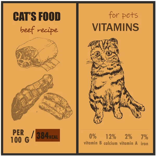 Embalagem gatos animais de estimação alimentos e vitaminas dois banner set esboço ilustração vetorial. Desenhe mão gatinho desenhado, gato e fatos de nutrição para comida de gatos . — Vetor de Stock