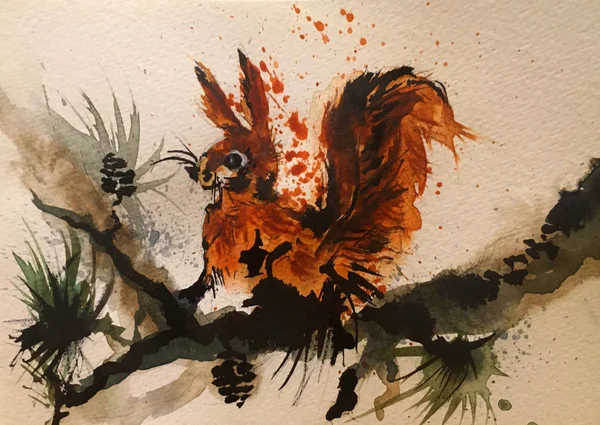 Squirrel sketch ink pen hand drawing with watercolor splashes illustration. — Stok fotoğraf