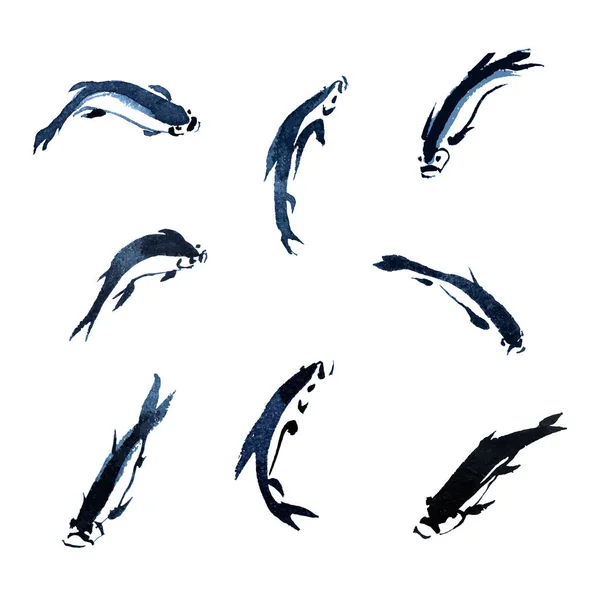 Koi encre poissons carpe aquarelle illustration dans un style traditionnel avec timbre . — Image vectorielle