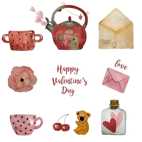 Valentines watercolor love set collection letters, hearts and kettle house, envelope lovely illustration. — Stock Photo, Image