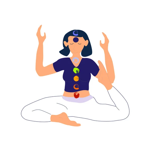 Yoga meditation and chakras young woman meditating in sitting asana position vector illustration. — ストックベクタ