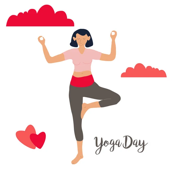 Yoga love young girl meditating standing tree asana position vector illustration. — Stock Vector