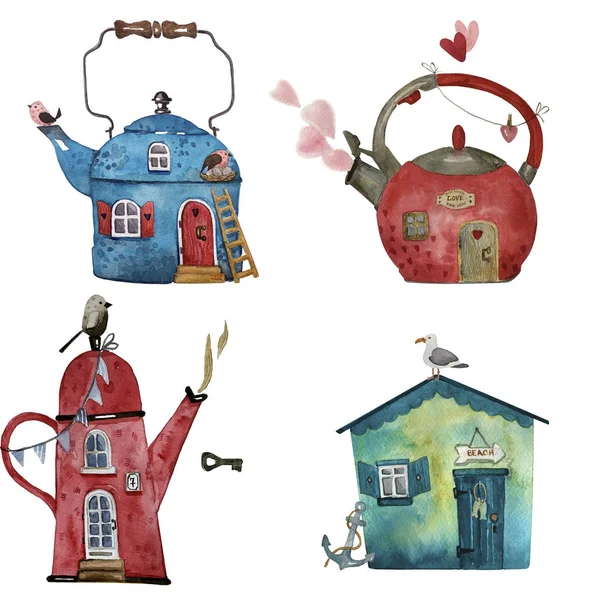Casas de fadas conjunto de bule de chá com pequena janela, porta de madeira e corações ilustração aquarela . — Fotografia de Stock