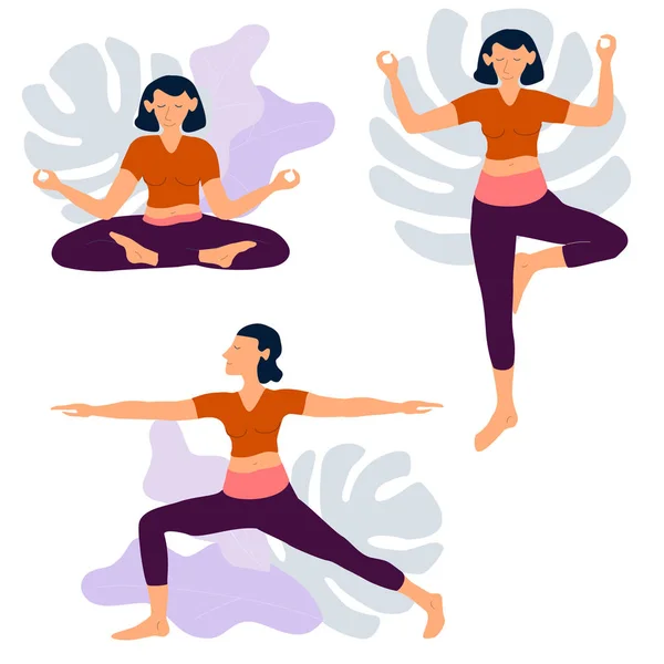 Yoga girl exersices and body health poses training set cartoon vector illustration. — Stock Vector