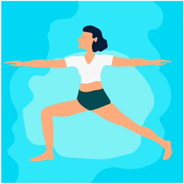 Chica de yoga en la playa con olas de mar en yoga asana pose activa y estilo de vida saludable en vacaciones de verano vector ilustración . — Vector de stock