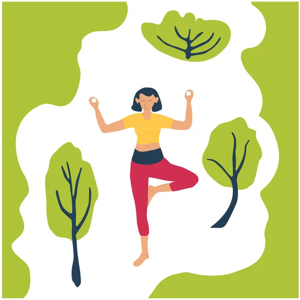 Yoga in park asana active pose and healthy lifestyle in spring vacation vector illustration. — Stock Vector