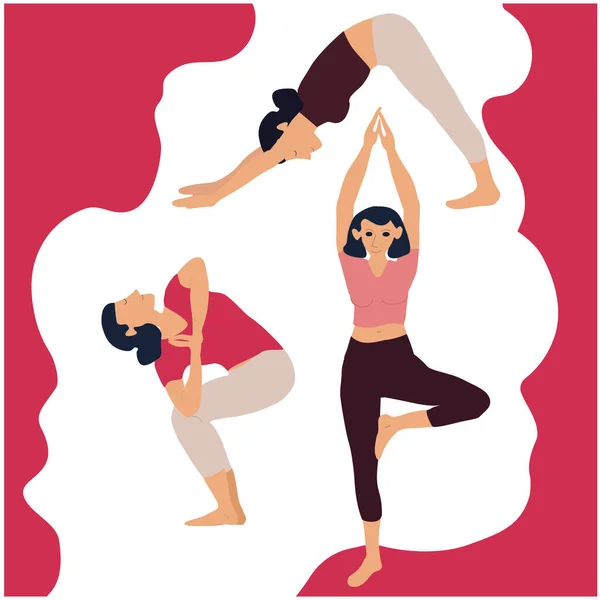Yoga girl exersices and body health poses training set cartoon vector illustration. — Stock Vector