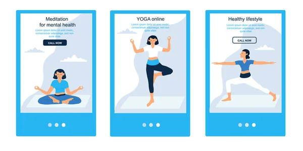 Yoga girl on mobile app, home fitness sport activity tablet screen set cartoon vector illustration. — Stock Vector