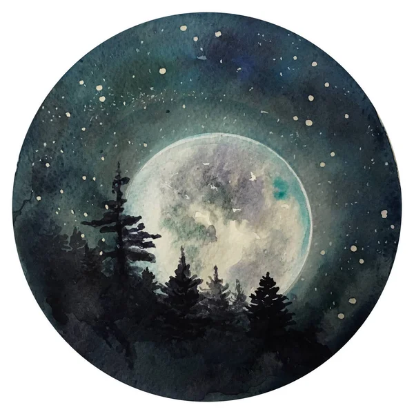 Lua Aquarela na noite estrelada, galáxia com estrelas, espaço e astrologia ilustração universo . — Fotografia de Stock