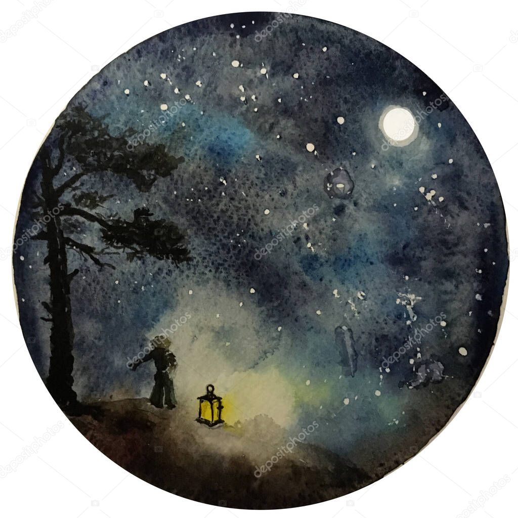 Watercolor Moon at starry night, galaxy with stars, space and astrology universe illustration.