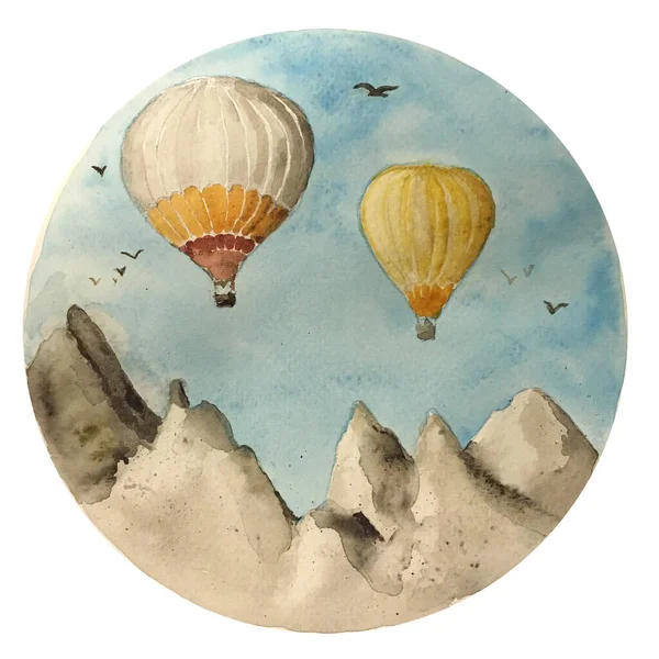 Hot air balloons in sky and mountains watercolor illustration. Flight, freedom, airship and adventure. — Φωτογραφία Αρχείου