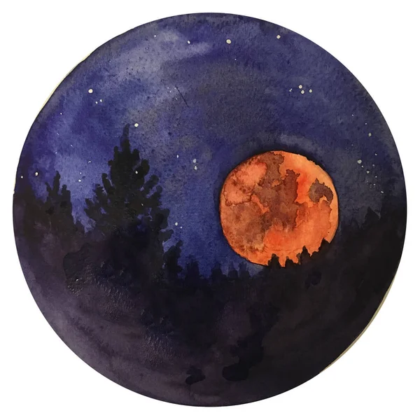 Watercolor bloody Moon at starry night, galaxy with stars, horror space and astrology illustration. — Stock Photo, Image