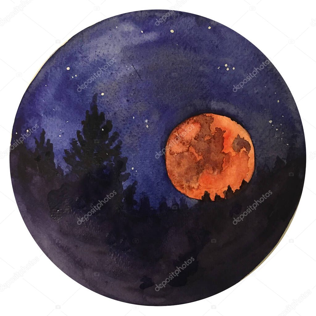 Watercolor bloody Moon at starry night, galaxy with stars, horror space and astrology illustration.