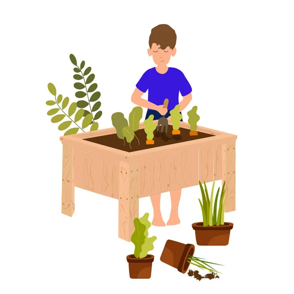 Kids garden at home, greenhouse isolated composition, children caring for plants, hobby flat cartoon vector illustration.