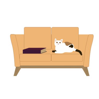 Evde evcil hayvanlarla kitap okumak, evde, kanepede, kedide ve çizgi romanda beyaz vektör illüstrasyonunda izole edilmiş zaman geçirmek..