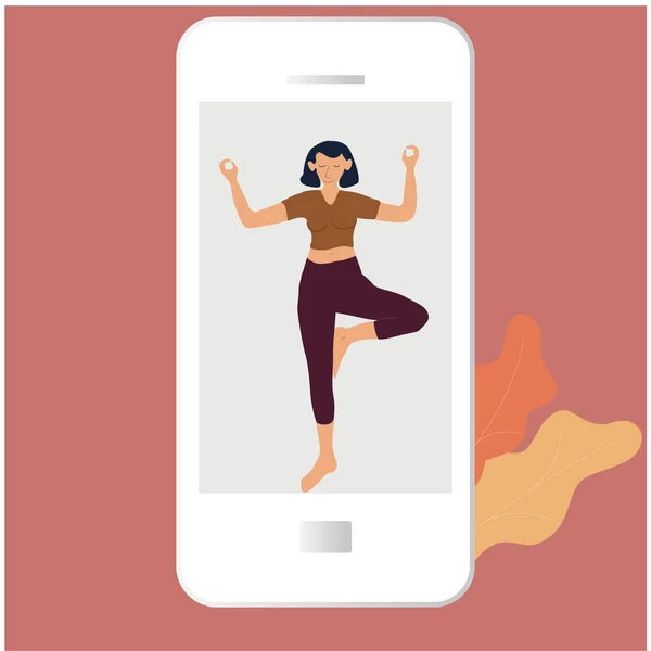 Yoga online woman in tree asana meditating smartphone app online classes via internet, flat vector illustration. — Stock Vector