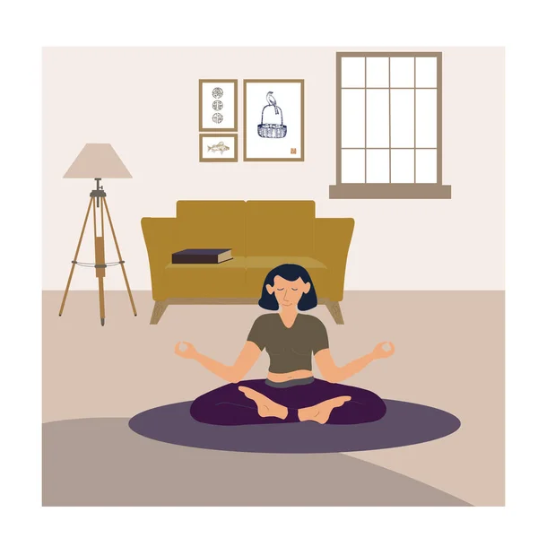 Meditation and yoga at home, young woman in lotus asana meditating in living room flat vector illustration. — Stock Vector