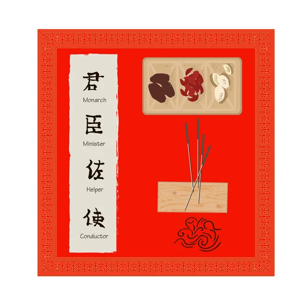 Medicina china, té de hierbas y jeroglíficos de las reglas médicas tradicionales chinas, zhen shen raíz y hierbas vector bandera ilustración. Medicina alternativa . — Vector de stock