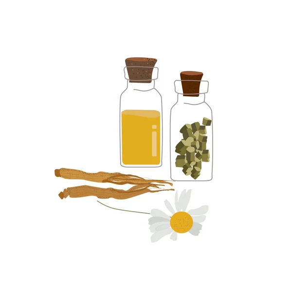 Иконы травяной медицины, векторная иллюстрация органической ромашковой терапии, выделенная на белом . — стоковый вектор