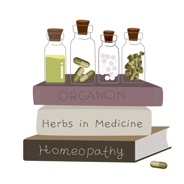 Naturopathy and homopathy treatment and medical books, herbal alternative medicine design concept icon, naturopathic therapy symbol vector illustration. - Stok Vektor