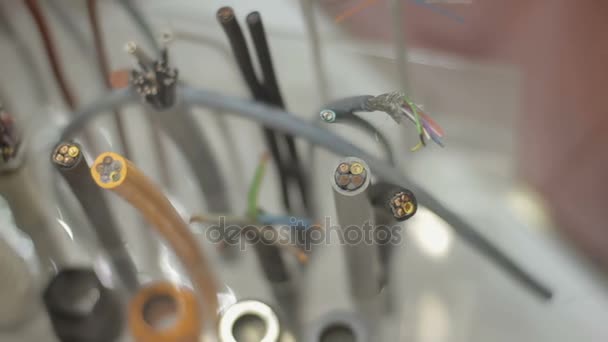 Pemasangan bagian kabel. Kabel di stand di pameran — Stok Video