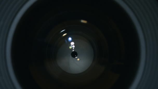 Camera prime glass. Close Up of opening lens camera aperture — Stock Video