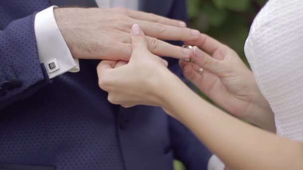 Closeup of bride puts on ring groom — Stock Video