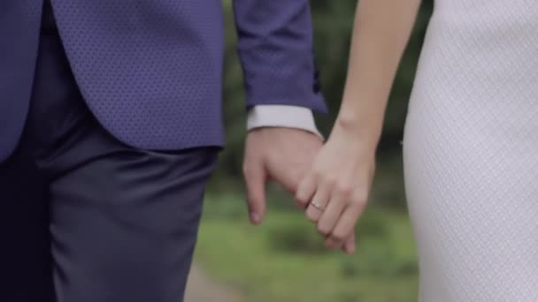 Newlyweds with rings on fingers hold hands and go forward — Stock Video