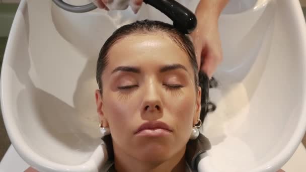 Cabeleireiro lava o cabelo — Vídeo de Stock