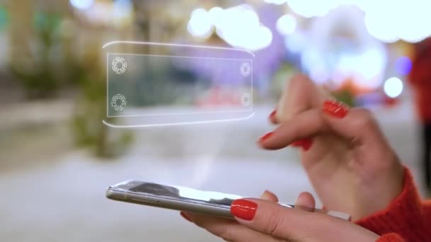 Le mani femminili interagiscono ologramma HUD 5G — Video Stock