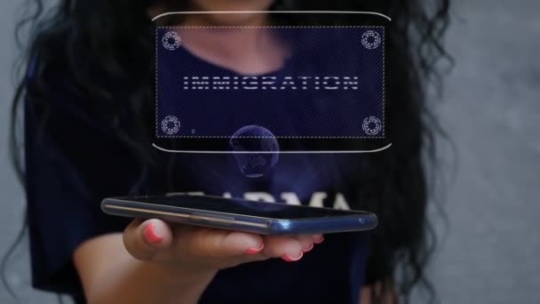 Woman showing HUD hologram Immigration — Stock Video