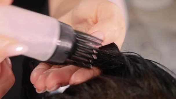 Mujer trata el cabello — Vídeo de stock