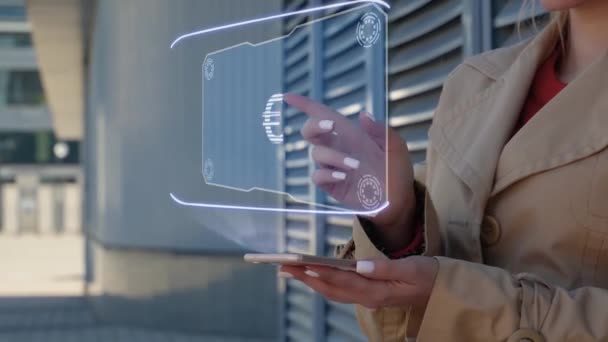 Empresaria interactúa HUD Sign EUR — Vídeo de stock