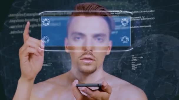 Chlap interaguje s Hud hologramem Coronavirus — Stock video