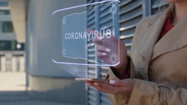 Mulher de negócios interage HUD Coronavirus — Vídeo de Stock