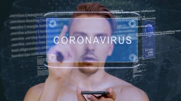 Adam Hud hologramını Coronavirus metniyle etkileşime sokuyor. — Stok fotoğraf