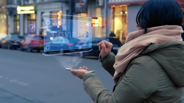 Mujer interactúa holograma HUD COVID-19 — Vídeos de Stock