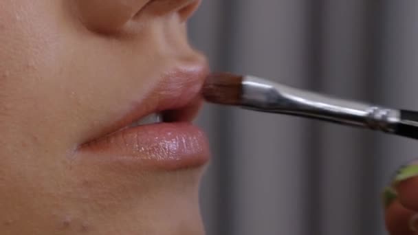 Maskenbildnerin trägt Lippenstift auf — Stockvideo