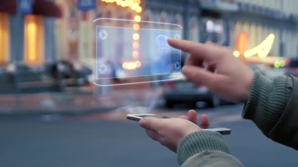 Las manos femeninas interactúan HUD holograma 3D chasis — Vídeo de stock