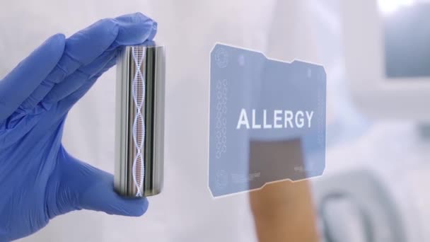 Hand in glove with hologram Allergy — Stock Video