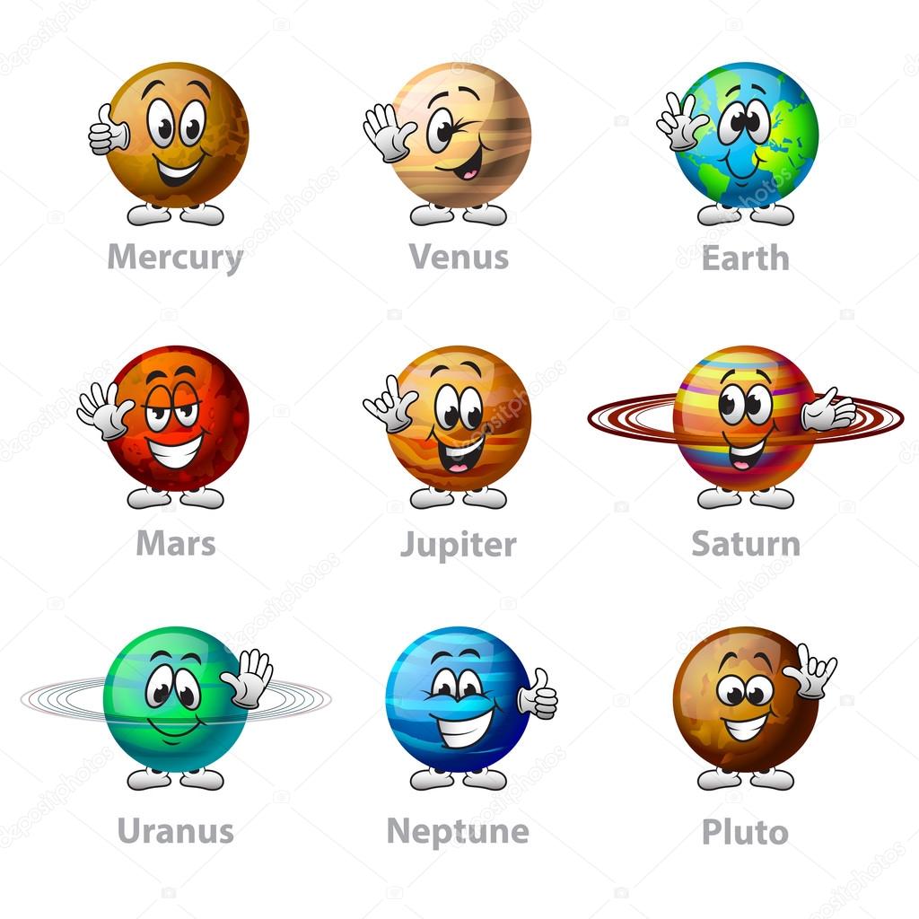 Funny cartoon planets icons vector set