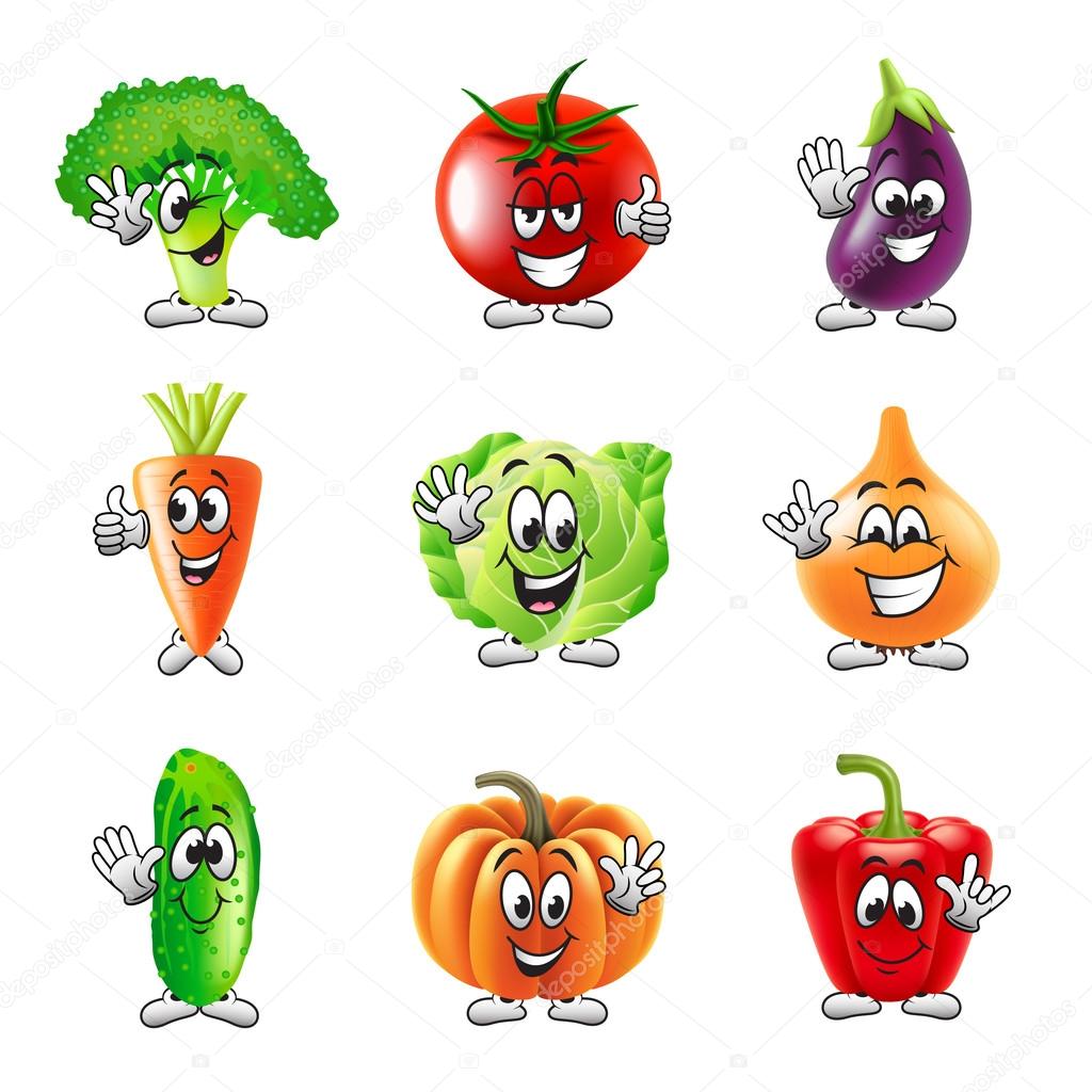 Funny cartoon vegetables icons vector set
